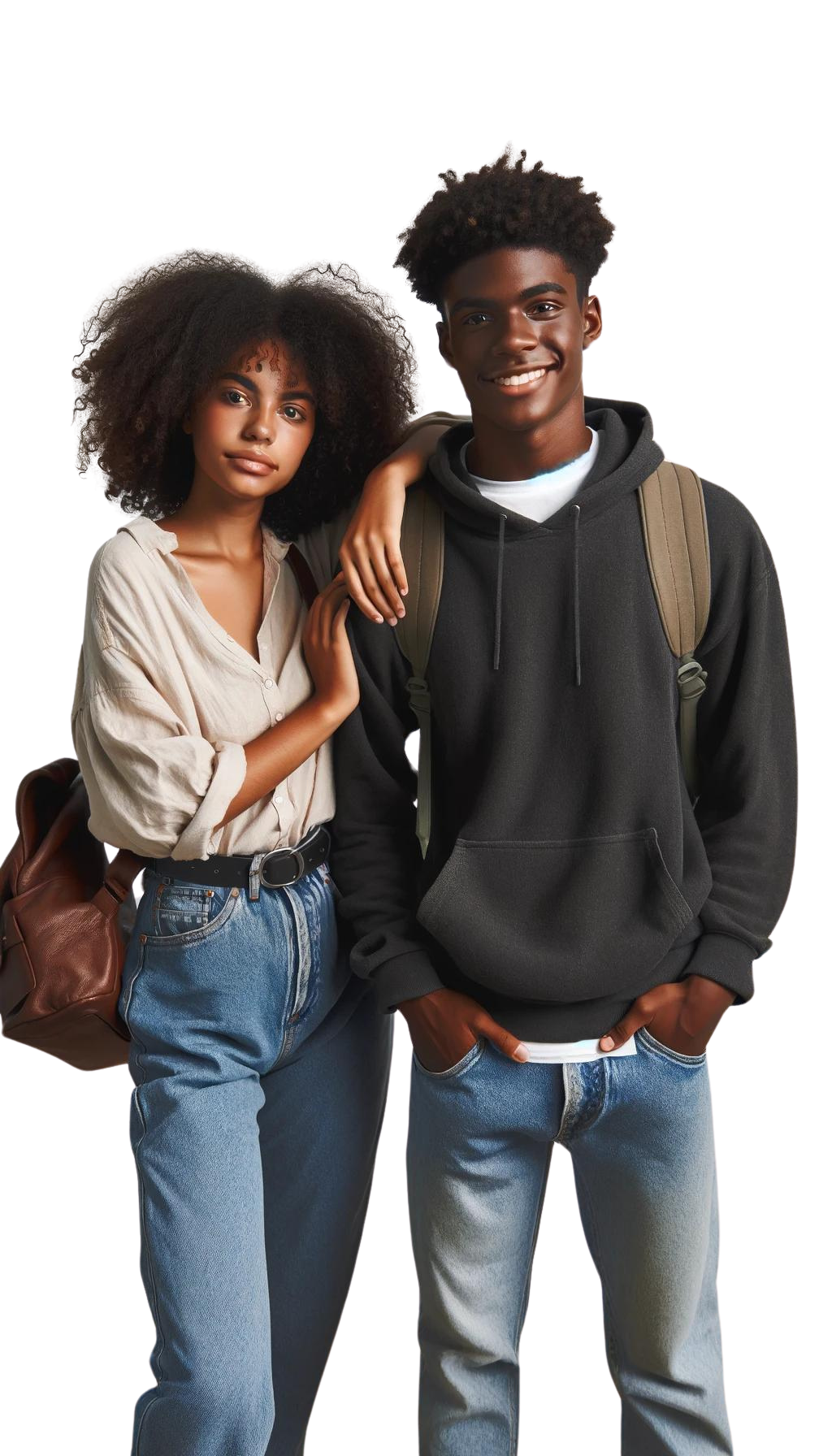 Two happy students, a young woman and a young man, standing together.