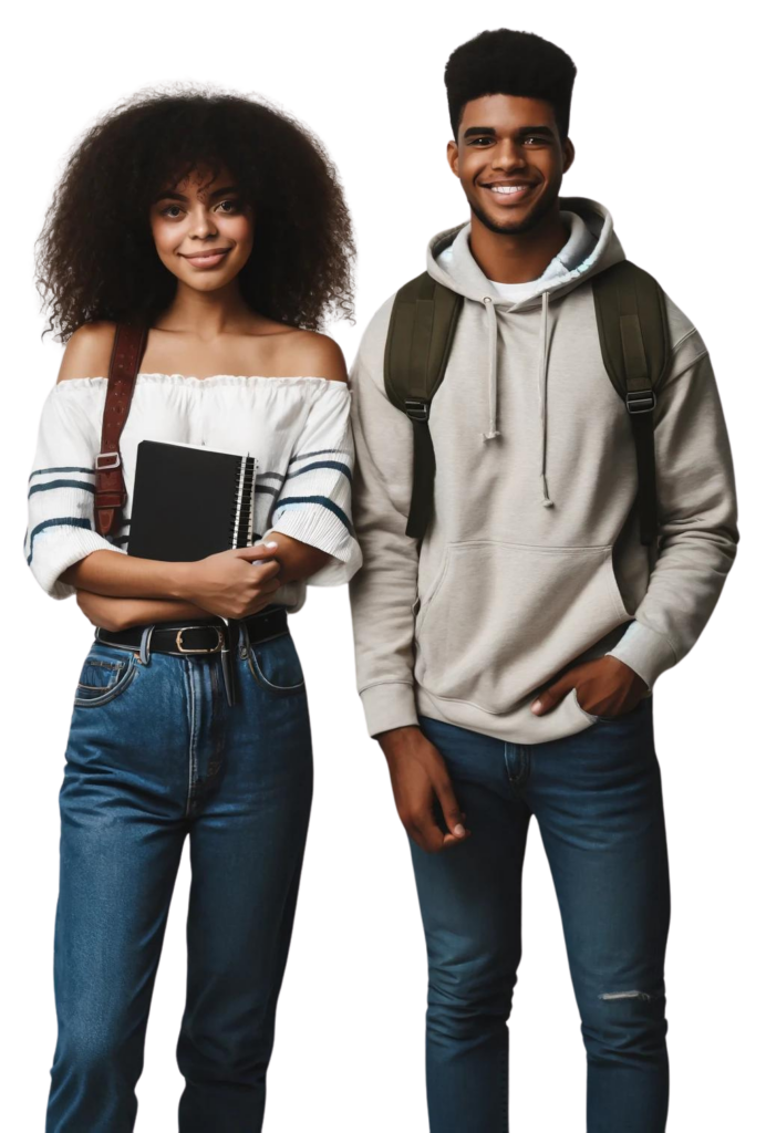 Two smiling students, a young woman and a young man, standing side by side.