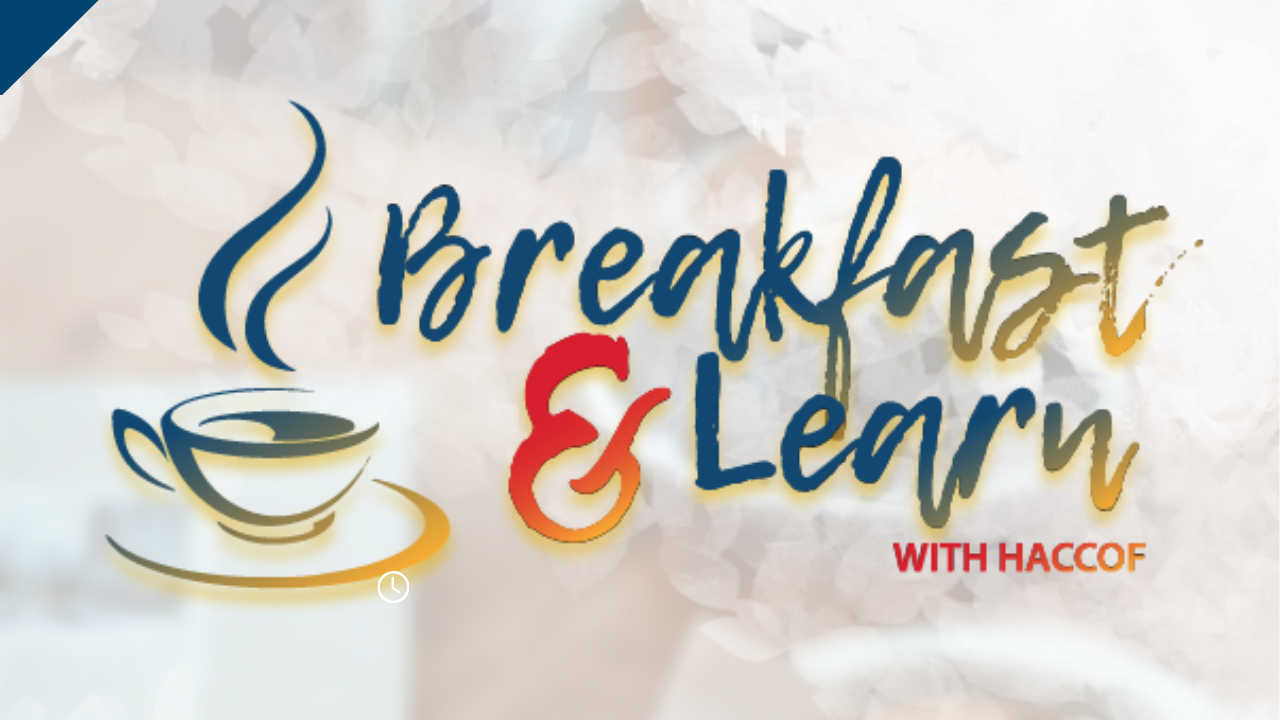 Decorative banner for HACCOF’s ‘Breakfast & Learn’ event, featuring a steaming coffee cup icon with swirling steam on the left and stylized text in blue and red gradients. The words ‘Breakfast & Learn’ are written in a dynamic, brushstroke style, with ‘with HACCOF’ in smaller, bold red font below.