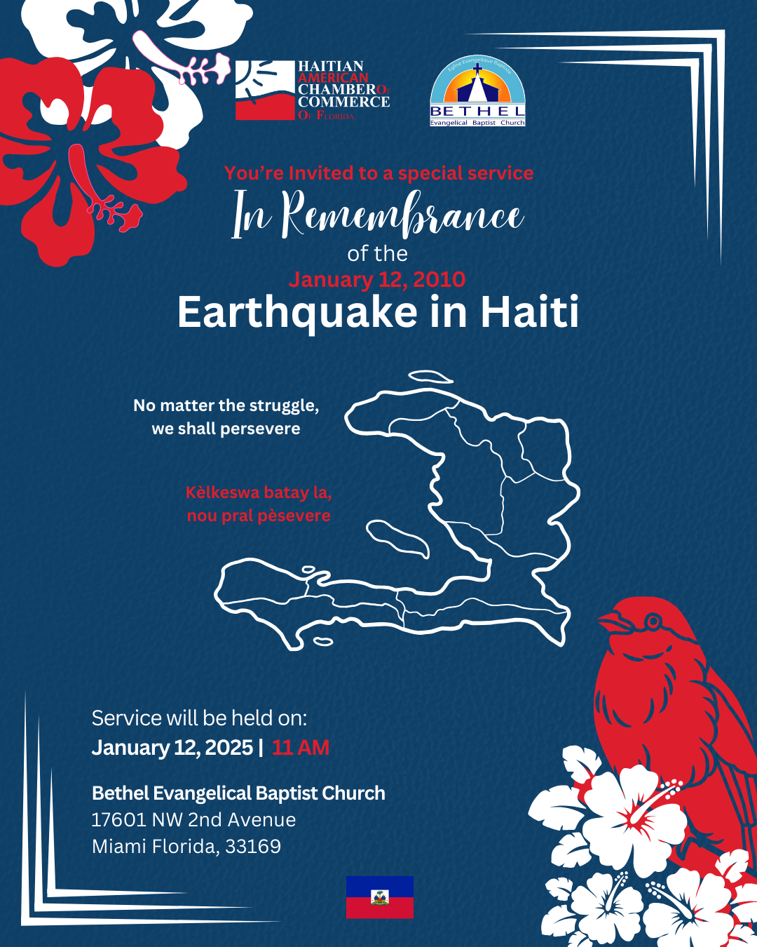 Flyer for a remembrance service honoring the January 12, 2010, Haiti earthquake victims, featuring event details, a map of Haiti, and symbolic artwork.