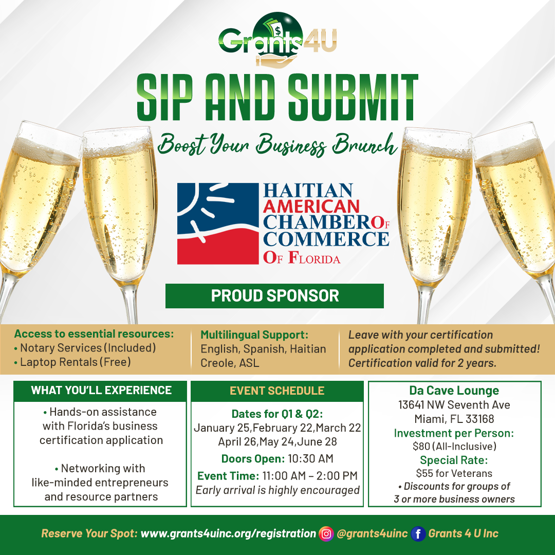 Event flyer for Sip and Submit: Boost Your Business Brunch, detailing dates, location, and benefits for minority, veteran, and women-owned businesses in South Florida.